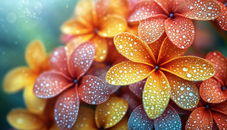 Escape to paradise with vibrant tropical flowers, their dewdrops sparkling in sunlight Immerse yourself in vacation bliss surrounded by nature's artistry Feel the warmth, relaxation, and joy as you discover delicate details in each exquisite blossom This scene is a perfect getaway AI Generativeの素材