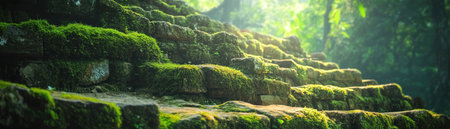 Step into a timeless tropical forest where ancient stone steps, cloaked in moss, lead through verdant jungle Hidden pathways invite exploration, while sunlight filters through the canopy, creating a mystical atmosphere Dense foliage and moss-covered rocks form a forgotten paradise where nature reclaims history in peaceful tranquility AI Generativeの素材
