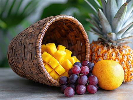 A vibrant close-up showcases a rustic basket overflowing with tropical fruits mangoes, grapes, oranges, and a pineapple Evoking a summery, exotic vacation feel, this image bursts with color and flavor The detailed weaving of the basket adds a beautiful, traditional touch, perfect for injecting sunshine into any project AI Generativeの素材