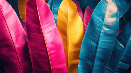 Immerse yourself in vibrant nature with this close-up of colorful tropical leaves The fresh, bright pink, yellow, and blue hues evoke a calming tropical vacation mood This energetic, eye-catching display brings a natural, visually stimulating touch to any space Instantly feel vacation vibes with this piece AI Generativeの素材