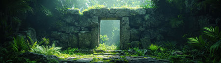 Step into a forgotten world where moss-draped ruins meet a vibrant jungle Immerse yourself in the tranquil atmosphere of a hidden passage, where time slows amidst nature's embrace Discover beauty in decay and growth, as sunlight filters through lush foliage, creating a serene, mystical haven AI Generativeの素材