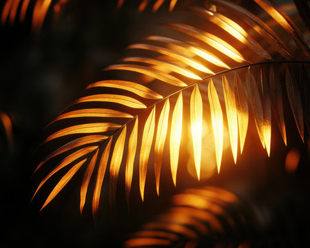 Bathed in golden light, layered palm leaves create a dynamic silhouette, capturing the warmth and serenity of the tropics This image radiates natural beauty and peacefulness, perfect for adding exotic elegance and tranquility to any project or design A glowing display of serene nature AI Generativeの素材