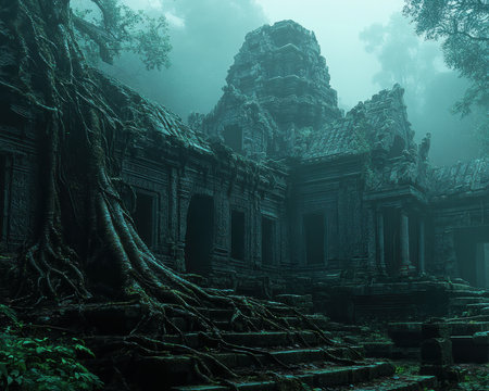 Venture into an ancient, vine-draped temple within an exotic jungle History whispers from the weathered stones, while timeless trees create a magical, mysterious atmosphere Discover hidden secrets in this lost world, where nature's triumph reveals an incredible beauty AI Generativeの素材