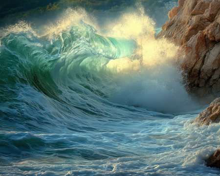 Feel the untamed power as ocean waves clash against tropical cliffs This vibrant scene evokes pure vacation bliss Immerse yourself in the mesmerizing turquoise sea and stunning landscape Witness nature's magnificent display, a breathtaking moment of awe and freedom AI Generativeの素材