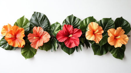 Escape to paradise with this vibrant floral garland! Lush green leaves and bright hibiscus blossoms evoke a tropical getaway, echoing island traditions This exquisite arrangement perfectly captures the essence of summer, transporting you to a blissful vacation mood It's your ideal symbol of a perfect tropical escape AI Generativeの素材