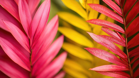 Immerse yourself in the lush beauty of tropical leaves This close-up perspective reveals vibrant colors and natural energy, evoking a tropical vacation mood Experience ultimate freshness through stunning nature photography, bringing the vibrant heart of the tropics directly to you AI Generativeの素材
