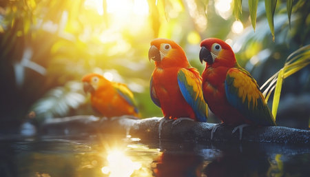 Escape to a pristine riverbank where vibrant wildlife flourishes in an exotic tropical forest Observe scarlet macaws by serene waters, bathed in the golden sunset Explore untouched ecosystems and breathtaking scenery in this wild haven, reveling in nature's unspoiled splendor AI Generativeの素材