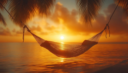 Escape to paradise with this serene image of a hammock swaying between palm trees at golden sunset Feel the tranquility of a perfect tropical vacation This stunning scene evokes relaxation, inviting you to unwind and embrace the exotic escape Ideal for wanderlust and dreams AI Generativeの素材