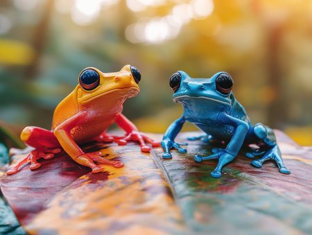 Immerse yourself in an exotic tropical forest with this vibrant illustration Two enchanting frogs, one red and one blue, perch on glowing leaves The colors pop, revealing mystical details in this lush rainforest scene Perfect for any collection, this nature illustration is ready for various uses AI Generativeの素材