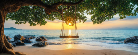 Escape to a tranquil tropical beach where a swing hangs from a tree, overlooking calm sunset waters Sandy shores meet clear skies, creating a serene and relaxing getaway Experience the freedom and joy of nature's beauty in this idyllic scene, perfect for travel and relaxation imagery AI Generativeの素材