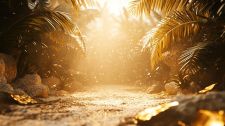 Bask in the tranquility of a sun-drenched tropical scene Golden light filters through palm leaves, creating textured patterns on stone and earth This calming image evokes warmth and serenity, highlighting delicate details amidst vibrant foliage Perfect for adding a touch of natural beauty to any design AI Generativeの素材