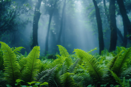 Immerse yourself in a tranquil, exotic tropical forest where mist-shrouded ferns and vines intertwine Sunlight filters through the dense canopy, creating a magical, ethereal atmosphere Discover lush, untouched textures evoking a sense of calm This captivating image captures nature's beauty and the calming embrace of the wilderness AI Generativeの素材