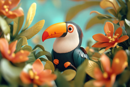 Immerse yourself in a tropical paradise A toucan, with its iconic beak, sits nestled among vibrant orange blooms and lush green foliage This stunning image captures the rich biodiversity of the rainforest, showcasing a colorful and lively wildlife scene Explore the enchanting detail of this perfect nature portrayal AI Generativeの素材