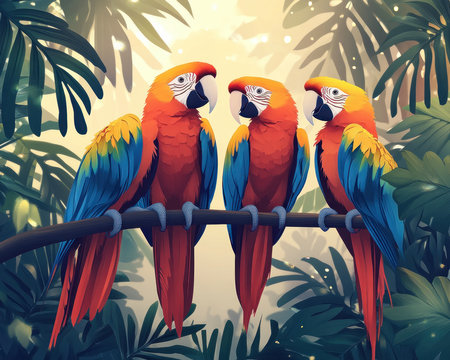 Vibrant macaws, a kaleidoscope of red, yellow, and blue, punctuate a lush rainforest scene Sunlight bathes the exotic tropical flora, highlighting the birds' brilliant plumage This lively image captures the essence of a vibrant, breathtaking tropical paradise AI Generativeの素材