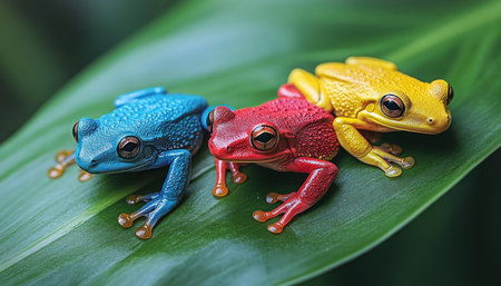 Immerse yourself in the vibrant world of brightly colored frogs This close-up reveals exotic, tiny amphibians resting on lush leaves within their tropical forest home Witness their stunning colors and textures, a captivating glimpse into a magical rainforest ecosystem and the hidden beauty of these remarkable creatures AI Generativeの素材
