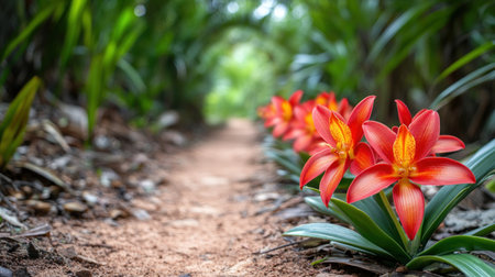 Wander a jungle path, discovering vibrant orchids and exotic flora Immerse yourself in tranquility where lush beauty meets a peaceful forest Sunlight filters through dense foliage, highlighting natural colors Experience an unforgettable scenic vista of untouched nature AI Generativeの素材