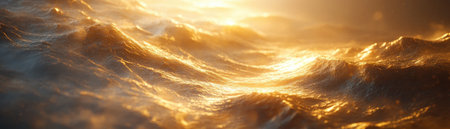 Golden sunlight illuminates billowing waves in a breathtaking display Light dances across the water, creating mesmerizing patterns and textures Like sunlight through palm leaves, a serene, luminous atmosphere emerges The image captures the water's energy and movement with gentle, vibrant waves It's a unique artistic rendering of nature's beauty AI Generativeの素材
