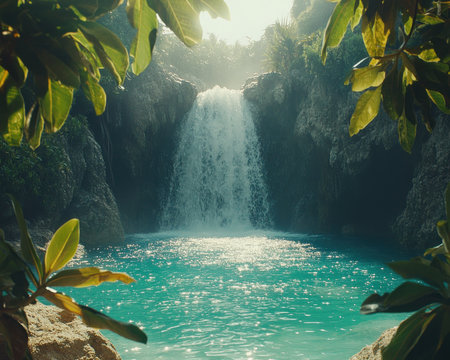 Escape to a hidden paradise where a stunning waterfall plunges into a turquoise jungle pool Sun-dappled greenery surrounds you, creating a serene tropical haven Lush foliage and crystal-clear waters invite you to relax and unwind in nature's beauty, experiencing the magic of a true tropical dream AI Generativeの素材