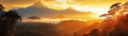 Escape to a tranquil paradise with this sunrise scene Golden light washes over tropical mountain peaks, creating a serene and breathtaking view Witness nature's beauty in the soft mist and warm hues, a perfect tropical vacation mood that radiates peace and calm AI Generativeの素材