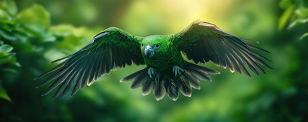 A vibrant green parrot glides through a lush rainforest canopy, its outstretched wings embodying nature's beauty This image captures the energy of a thriving ecosystem, highlighting the wonders of wildlife and delicate balance of the natural world Explore the beauty of rainforest and flight, where life flourishes AI Generativeの素材