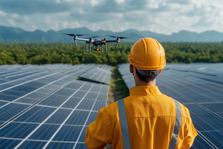 Drones enable advanced solar farm monitoring, providing precise inspections and efficient maintenance of solar arrays This ensures peak renewable energy production, clean grid management, and sustainable practices This technology promotes efficient energy distribution, reduces environmental impact, and optimizes performance within the renewable energy sector AI Generativeの素材