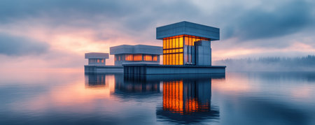 Witness the future of energy with a floating hydroelectric station, where calm waters meet advanced hydro tech This innovative marvel combines renewable power with elegant design, offering a sustainable solution against a beautiful sunrise Experience cleaner energy and a serene vision of tomorrow s technology AI Generativeの素材