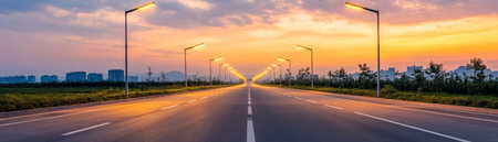 Witness a sustainable future: deserted highway lit by smart solar streetlights, a green utility concept Vibrant sunset highlights this eco-friendly road solution powered by renewable energy This photo embodies environmental responsibility and the possibilities of sustainable urban transportation through solar power AI Generativeの素材
