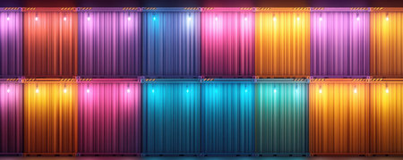 This abstract image showcases a grid of vibrant, individually lit shipping containers Colors like pink, orange, purple, and blue create a striking visual There are no solar panels or signs of utility, remote areas, or energy generation The focus is purely on the colorful, patterned arrangement of the containers AI Generativeの素材