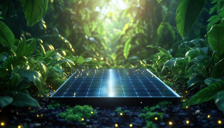 Witness the power of sustainable energy: close-up solar panels gleam amidst lush greenery Explore solar panel efficiency and savings, where nature meets clean tech Experience renewable energy creating a brighter, greener tomorrow See how solar power saves, illuminating a path to a sustainable future AI Generativeの素材