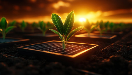 Discover the future of farming: solar-powered greenhouses maximizing eco-resources Witness energy grids powering these innovative systems, boosting yields while minimizing environmental impact This concept image highlights efficient designs, showcasing a sustainable approach by combining technology and nature A revolution in agriculture awaits AI Generativeの素材
