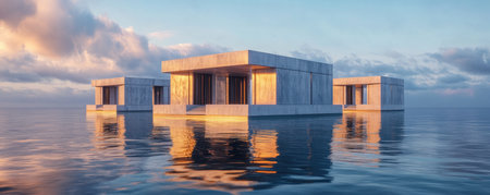 Gaze upon a floating hydroelectric station, a beacon of water energy's future This stunning image captures hydro innovation in action, harnessing clean power from calm, reflective waters This futuristic technology highlights sustainable, efficient energy production The still waters mirroring the sky enhance this visual symphony of hydro innovation AI Generativeの素材