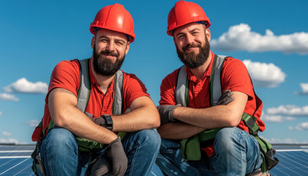 Skilled technicians install innovative solar grids under sunny skies, exemplifying the clean energy workforce These installations are vital for a sustainable future, showcasing solar panel technology and the dedication of professionals The rapidly growing clean energy sector offers abundant opportunities for solar panel technicians AI Generativeの素材