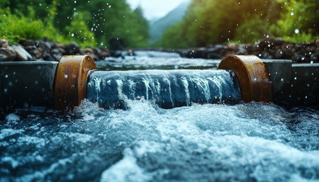 This image showcases a modern hydroelectric plant, a marvel of clean, renewable energy It highlights the powerful yet eco-friendly way water flow is harnessed to generate electricity Witness the innovative technology, resource management, and sustainable power at work A visual testament to pure energy generation AI Generativeの素材