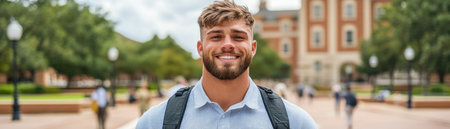 A person with a backpack, wearing a light blue shirt, stands in front of a building with trees Other people walk in the background, and lamp posts are visible The scene is not related to solar panels or green energy generation in a residential area AI Generativeの素材