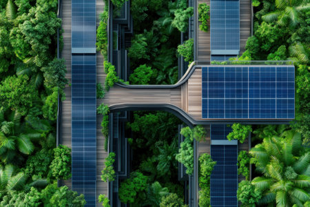 Soar above a solar-powered eco-city, where lush pathways weave through innovative designs Witness the vibrant reality of clean energy living, seamlessly integrating sustainability with urban life This breathtaking aerial view showcases a balanced, eco-conscious future, embracing the vision of a greener tomorrow AI Generativeの素材