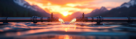 Witness the serene beauty of a hydroelectric station, where crystal clear reservoirs meet innovative clean energy Golden hour light illuminates the tranquil flow, showcasing the harmonious blend of nature and technology This image embodies sustainable hydropower solutions, highlighting the power and purity of renewable energy AI Generativeの素材