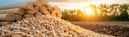 This image depicts a biomass facility transforming agricultural waste into clean, renewable energy It showcases sustainable technology, offering eco-friendly power for homes and industries Harnessing natural resources, it provides a green alternative, producing eco-friendly fuel and promoting a healthier planet through responsible energy solutions AI Generativeの素材