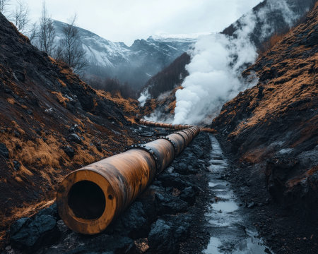 Witness a breathtaking geothermal station amidst a volcanic landscape Clean vapor rises from this eco-friendly plant, showcasing the power of sustainable resources Steam vents highlight nature and technology in harmony Discover the beauty of green energy, powering our future in this rugged, renewable haven AI Generativeの素材
