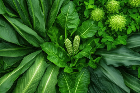 Witness vibrant biofuel crops from above, symbolizing nature-powered energy and sustainable biomass Lush fields offer renewable resources, highlighting agriculture's potential in powering our world This image captures the essence of eco-friendly solutions, perfect for educational and promotional biofuel content AI Generativeの素材