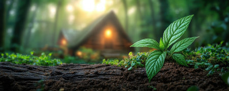 Explore a serene forest village powered entirely by renewables, showcasing sustainable living Witness the harmonious blend of nature and technology as homes glow warmly amidst lush foliage Discover a self-reliant future where clean energy fuels a thriving community, emphasizing eco-friendly practices and a vision of human and nature coexisting AI Generativeの素材