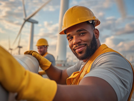 Explore images of wind turbine technicians ensuring clean energy production Witness skilled workers performing vital maintenance, highlighting infrastructure upkeep and a commitment to sustainability These photos showcase dedicated professionals maintaining wind farm technology, emphasizing renewable energy's crucial role in a greener future See them at work ensuring optimal functionality AI Generativeの素材