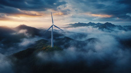 Witness abstract windmill blades slicing through misty mountains, embodying eco-design and dynamic motion Explore sustainable energy amidst ethereal landscapes, showcasing renewable resources and majestic scenery See technology and nature's harmony, highlighting clean power and captivating beauty Promoting green energy, abstract art, and engineering innovation AI Generativeの素材