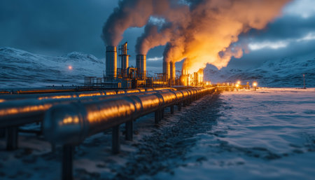 Under starlit skies, geothermal systems empower rural communities, showcasing the beauty of harnessed earth energy Witness clean, renewable power in remote locations, granting energy independence Explore this sustainable future where geothermal technology lights up the night, proving the power of clean energy solutions for all AI Generativeの素材