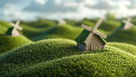 Witness a harmonious windmill network gracefully turning on rolling hills, showcasing community energy efficiency Explore sustainable solutions within a scenic landscape, where traditional windmills merge with modern fluid motion This idyllic scene of clean power generation under bright skies offers a charming glimpse into a greener future AI Generativeの素材