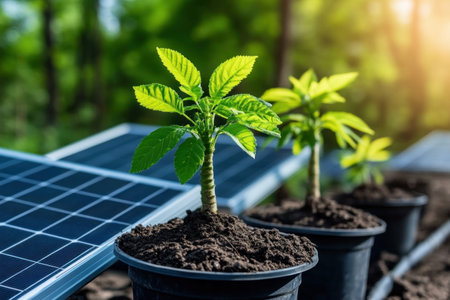 This vibrant image showcases a sustainable future, blending solar panels with lush greenery in harmonious green and blue tones It symbolizes hope and eco-friendly energy, highlighting the power of renewable solutions Explore the visual integration of nature and technology for a cleaner, greener tomorrow AI Generativeの素材