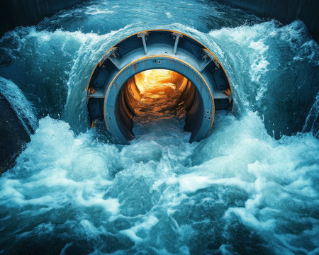 Witness the harmonious blend of nature and power: an elegant turbine graces a crystalline blue river, embodying hydropower's green potential This image showcases clean, renewable energy seamlessly integrated into a pristine environment Explore the beautiful connection between powerful engineering and sustainable resources, paving the way for a brighter future AI Generativeの素材