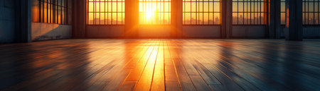 Golden hour rays flood an empty modern room, highlighting polished wood floors and barred windows Innovative, unseen solar grids power this urban space, seamlessly integrating renewable energy with architectural design This showcases a future of sustainable cities, using light for clean power AI Generativeの素材
