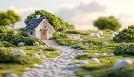 A quaint, small house sits atop a green hill under a bright sky It features a dark roof, light walls, and a brown door with a path leading to it This simple scene depicts a traditional house, not a lighthouse, and is unrelated to sustainable or maritime themes AI Generativeの素材