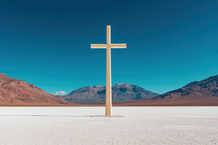 A solitary wooden cross stands stark against a vast salt flat, a poignant symbol of faith in an arid landscape The serene scene features a minimalist composition, with a clear blue sky contrasting the desolate terrain Mountains rise in the background, emphasizing the power and isolation of nature This evocative AI Generativeの素材