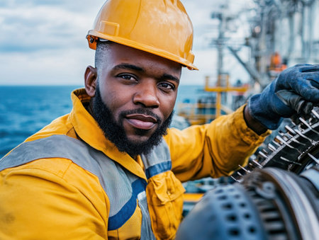 Witness skilled engineers collaborating on colossal wind turbine blades, showcasing the precision and dedication crucial for offshore wind power This close-up highlights the complex engineering and teamwork driving renewable energy, as their focused innovation pushes clean technology forward AI Generativeの素材
